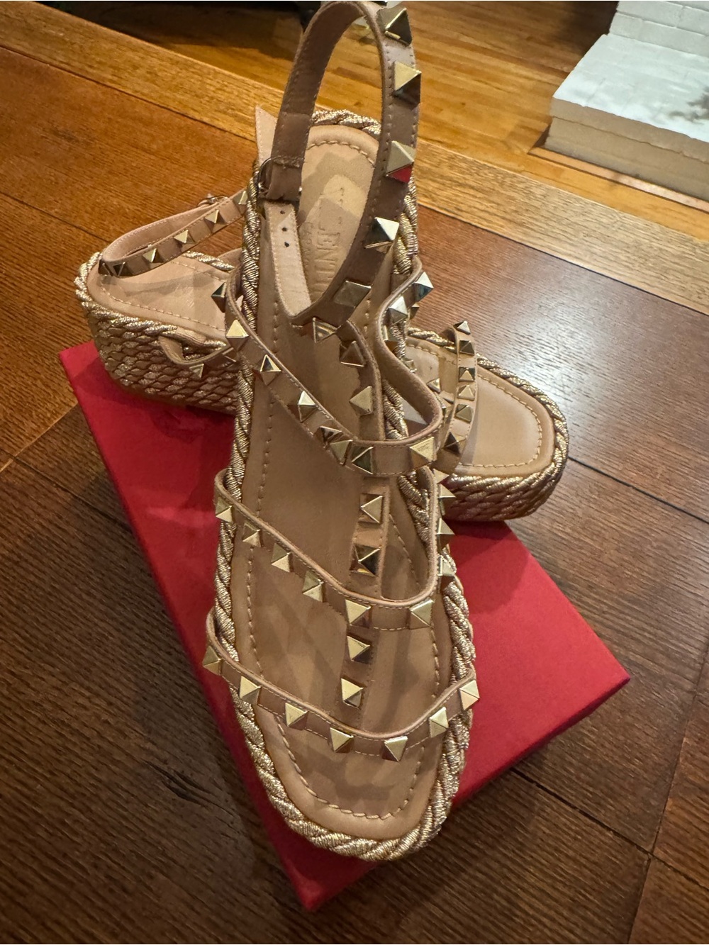 Valentino Garavani Gold Studded Braided Espadrille Wedge Sandals
